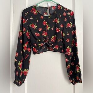 Zara Crop Top, Black/Red floral, Medium Y2K